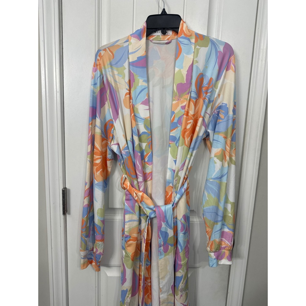 Mason Grey Floral Robe Womens Large Multi Color Long Sleeve Belted Pockets